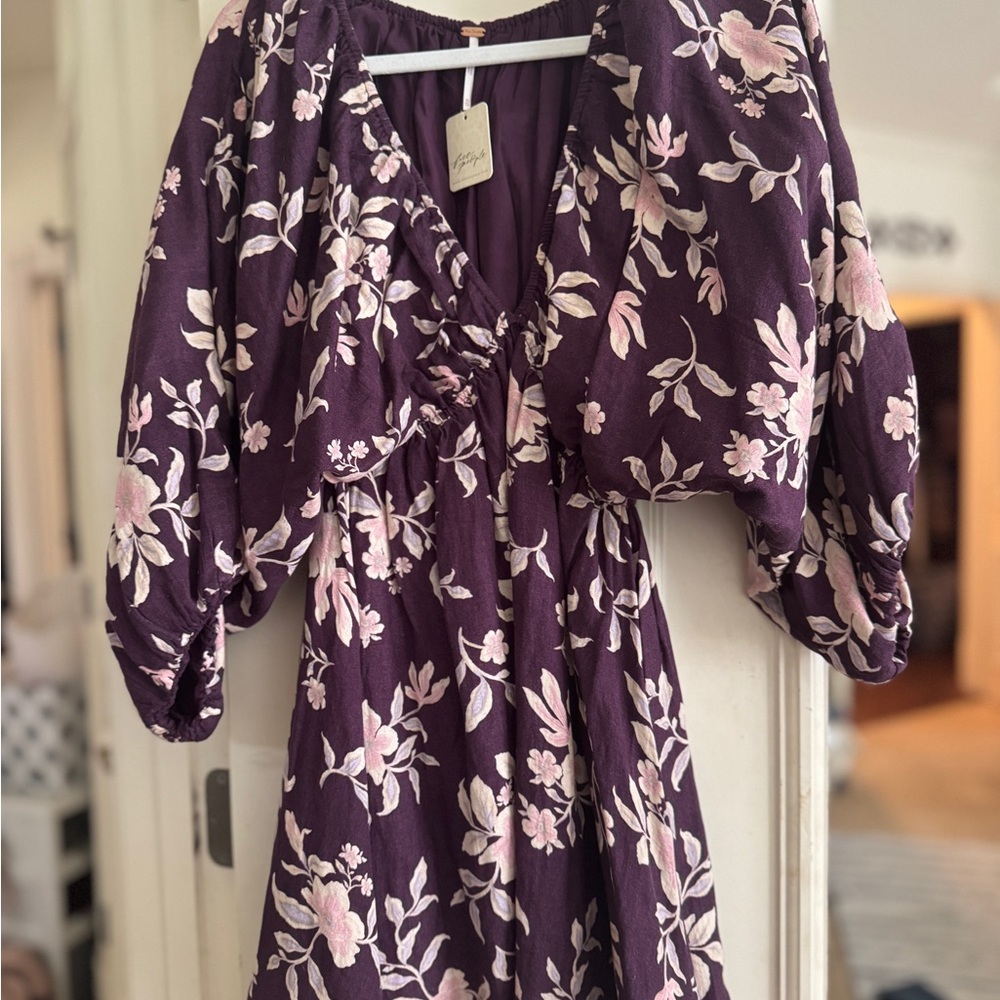 Free People Floral Linen Blend Babydoll Mini Dress NWT XS Purple Boho - Picture 4 of 14
